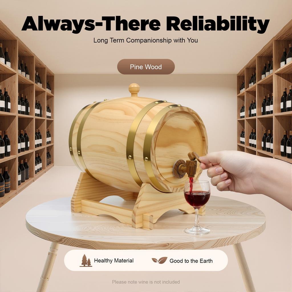 5L Wooden Wine Aging Barrel with Faucet, Pine Oak Whiskey Beer Storage Keg, Home Bar Decor for Liquor Rum, Gift for Wine Lovers