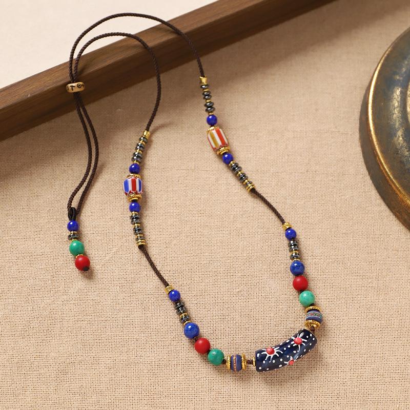 

Оригинальное тибетское непальское ожерелье, нишевый дизайн, плетеная длинная цветная бисерная экзотическая цепочка для свитера для женщин