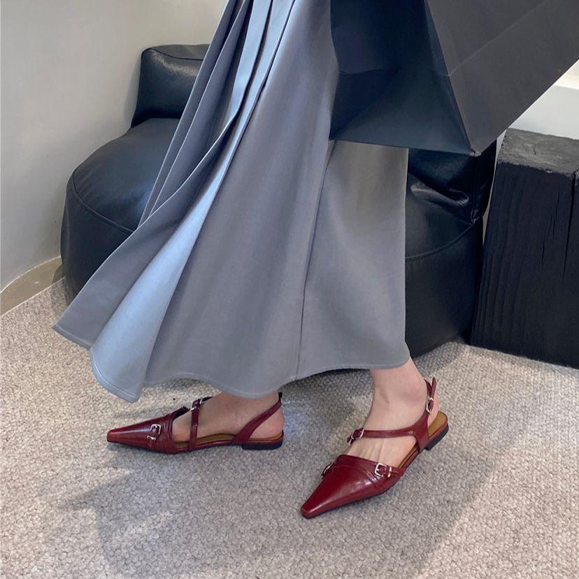 fashion Pointed Toe Women Sandals Flat Heeled Belt Buckle Elastic Back Strap Black Brown Red White 2024 New Arrivals Fashion Belt Buckle