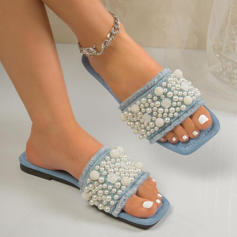 Fashion Large Size Slip-On Sandals Women's Summer 2025 Pearl Beach Flat Slippers Square Head  Comfortable Casual Slippers