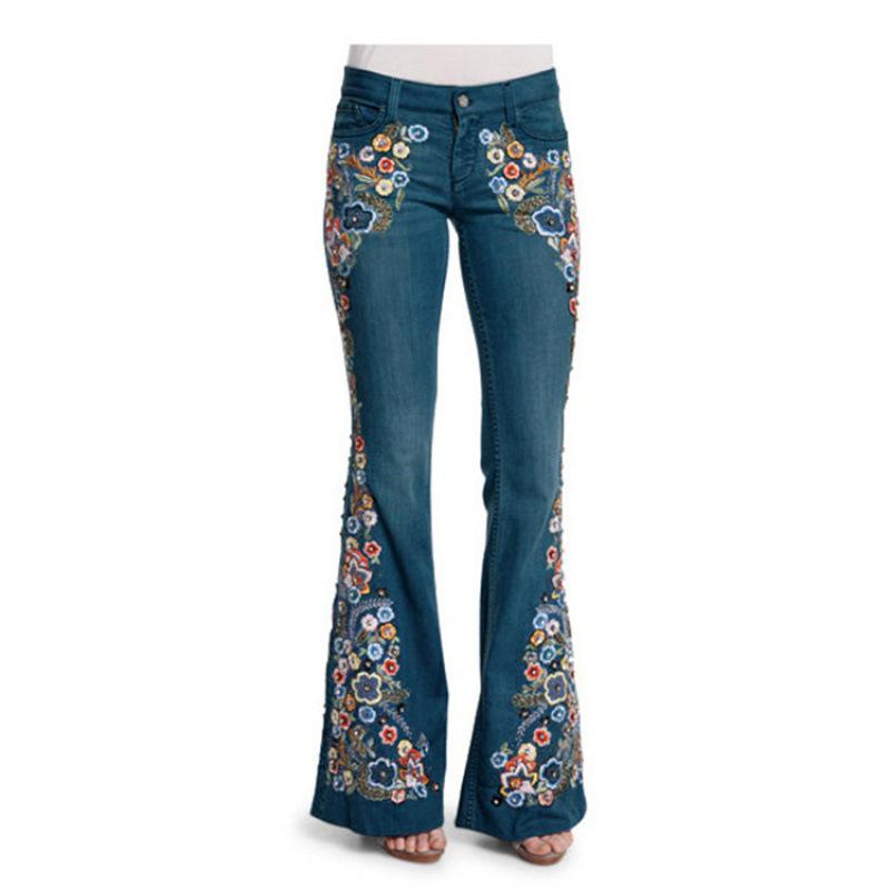 

European & American Style Embroidered Women s Slimming Washed Bell Bottom Jeans M темно-синий