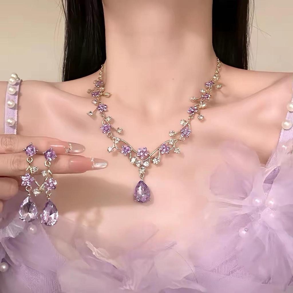 Elegant Waterdrop Diamond Tassel Necklace and Earrings Set for Women