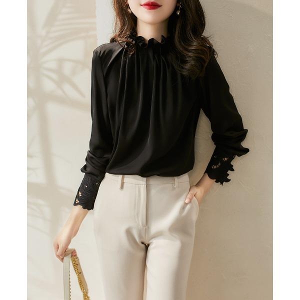 Spring Long Sleeve Shirt Elegant Style Elastic Ear Collar Loose French Shirt Top for Women
