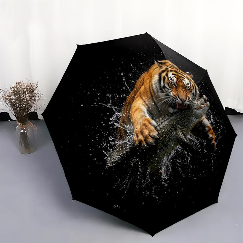 1 PC Automatic Folding Umbrella - Tiger Hunting Its Prey Pattern, Portable & Foldable Design with 8 Ribs, Christmas Birthday Gifts
