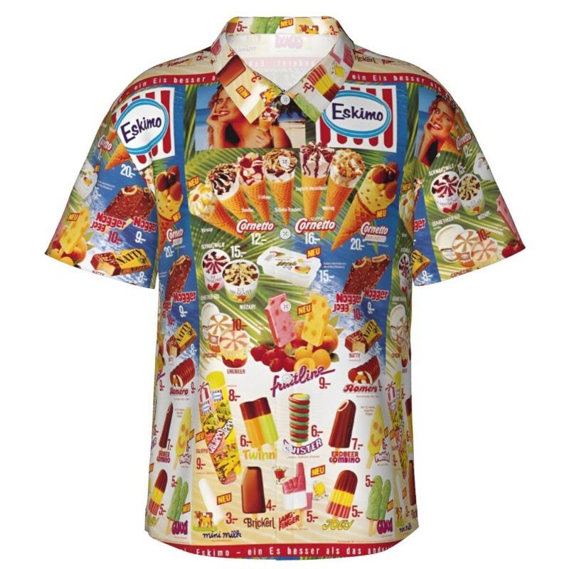 Camicia Hawaiana Vintage da Uomo con Gelato, Abbigliamento da Spiaggia, Vacanze Estive, Retrò, Menu, Poster, Camicie a Bottoni
