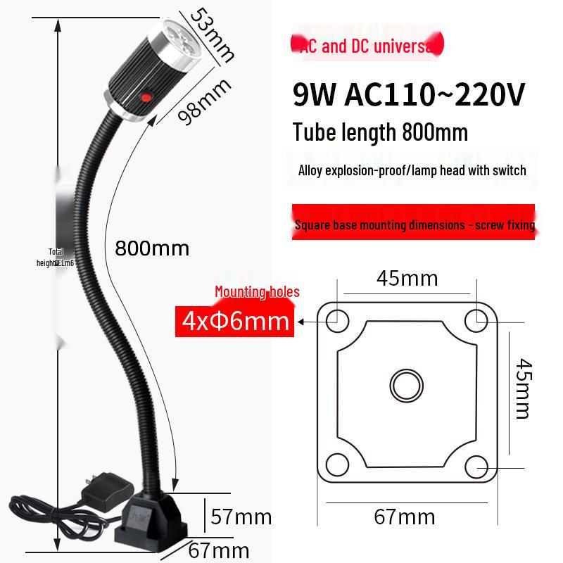 Nine Machine Tool Gooseneck Magnetic Work Light - 3W/6W/9W, 24V/220V, Strong Magnetic Base, Long Arm