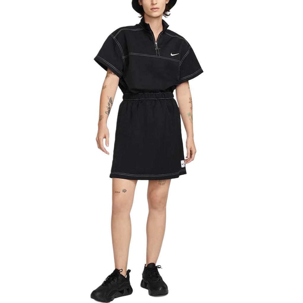 Nike Solid Color Logo Micro Mark Casual Stand Collar Short Sleeve Dress Women Dresses Black DM6197-010