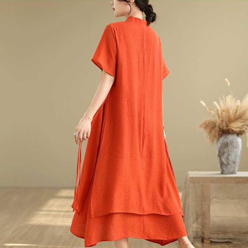 Summer Women's Short-sleeved Dress with Double Base Layers