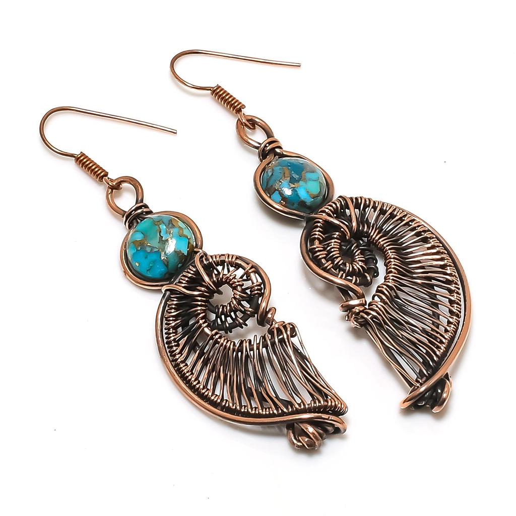Blue Copper Turquoise Handmade Gemstone Earrings, 999 Copper Wire Wrapped Earrings Antique Jewelry, For Engagement Gift