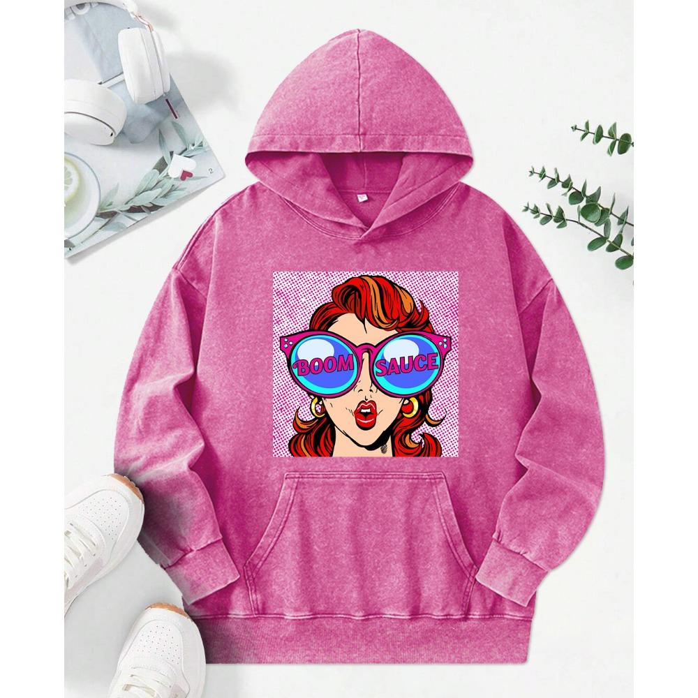 A Fashionable Ladies Wearing Sunglasses Print Women Washed Hoody Autumn Loose Streetwear Trendy Cotton Hoodie Top