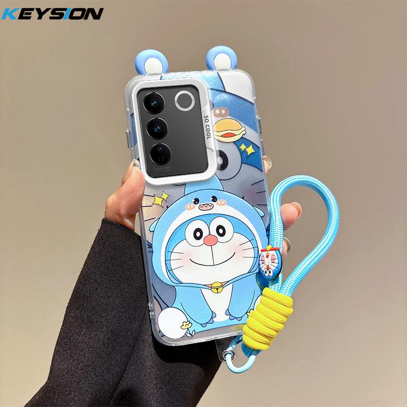 KEYSION Cute Ear Cartoon Case for VIVO Y100 5G with Lanyard Soft Silicone+PC Shockproof Phone Back Cover for VIVO Y100