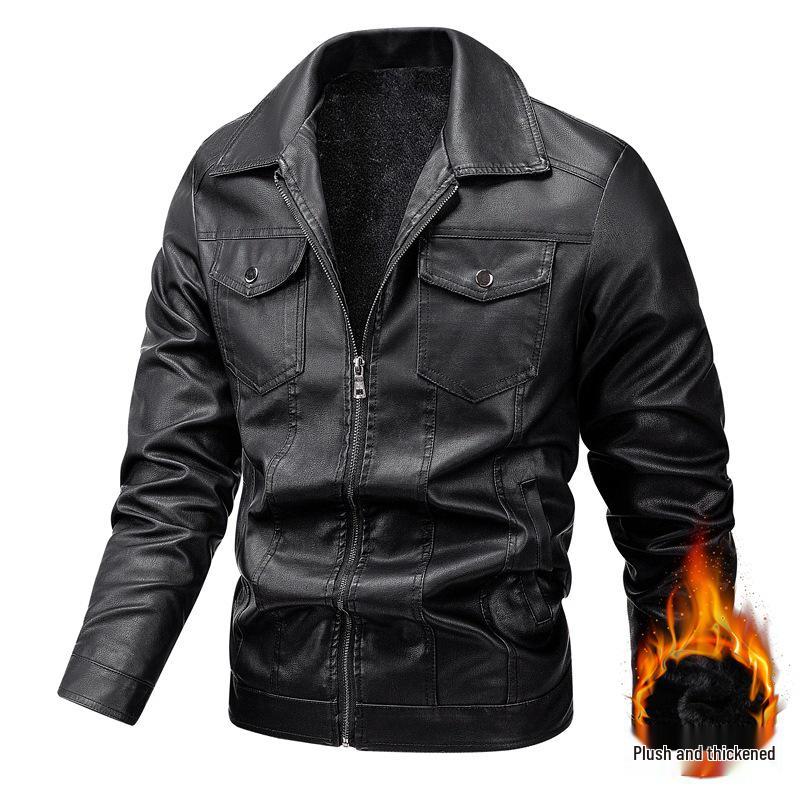 

Мужская кожаная мотокуртка в городском стиле с отложным воротником M