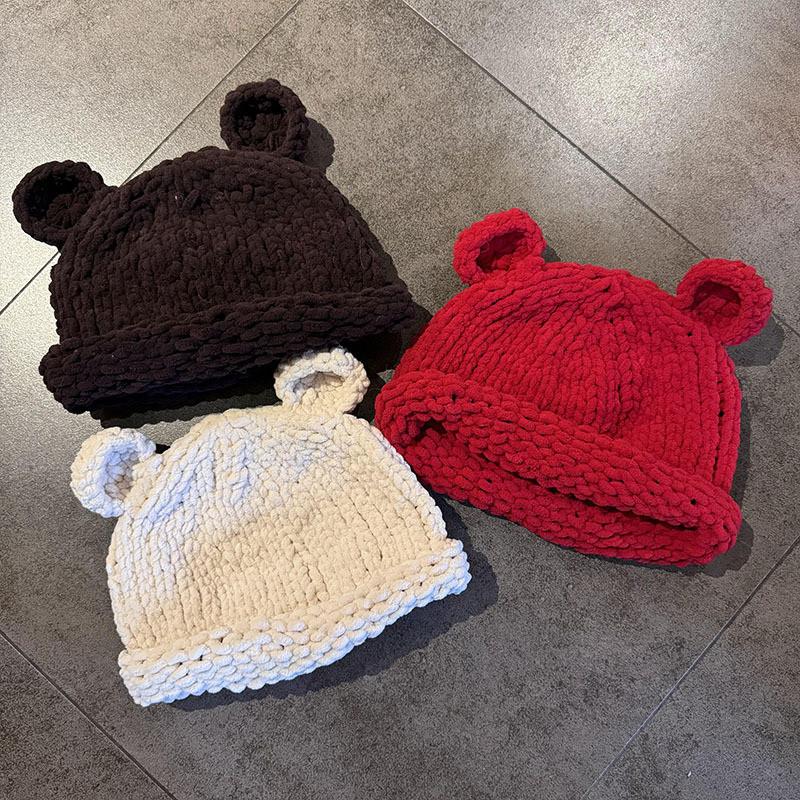 Color Knitting Solid Little Bear Ears Knit Wool Hats Women Fall Wear Winter