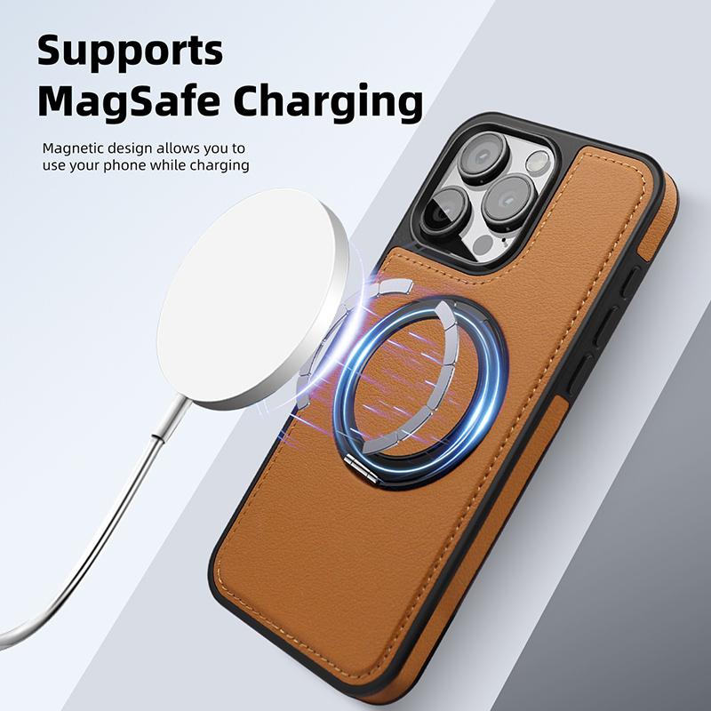 iPhone 17 16 15 14 13 12 11 Pro Max Plus için İş Derisi Dönen Braketli Telefon Kılıfı Magsafe Manyetik Halka Stand Tutucu Kapak