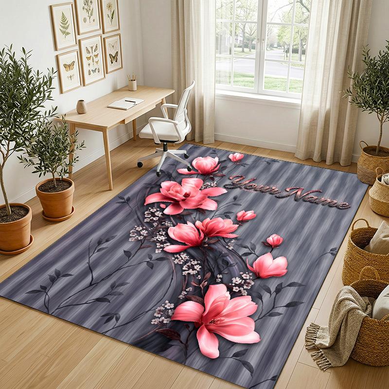 Floral Garden Theme Crystal Velvet Rug Personalized Custom Name Text Soft Floor Mat Home Decor