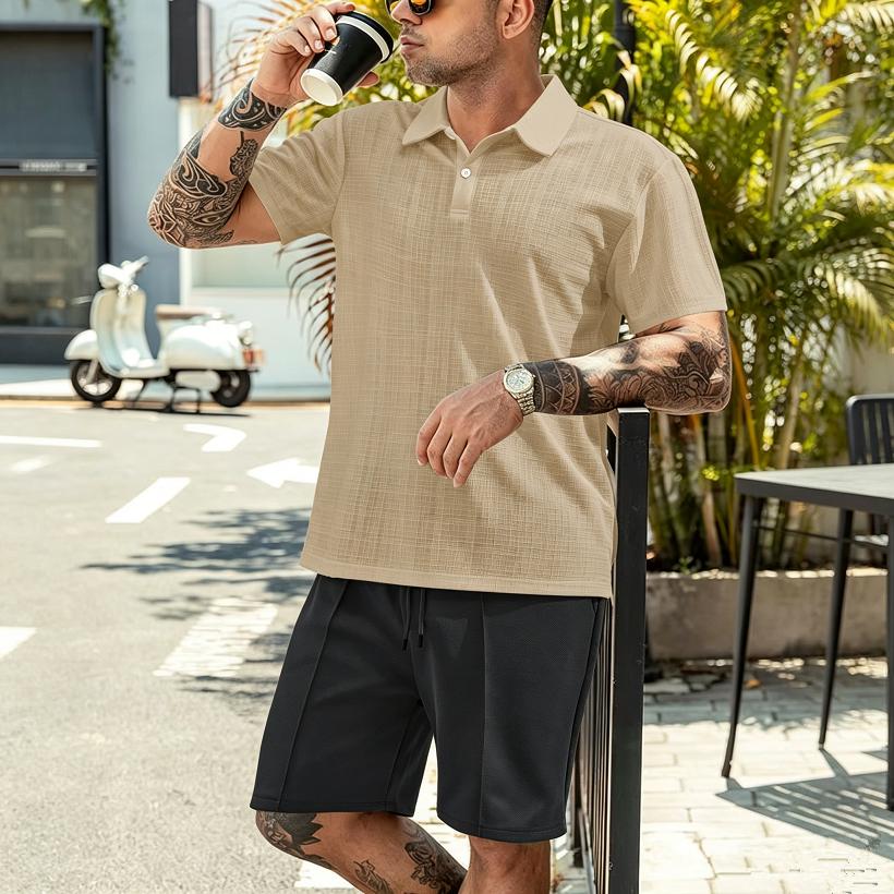 Summer Men Matching Outfit Sets Grid Texture Short Sleeve Polo Shirts Elastic Drawstring Casual Shorts Daily Beach Vacation Two Piece Tracksuit