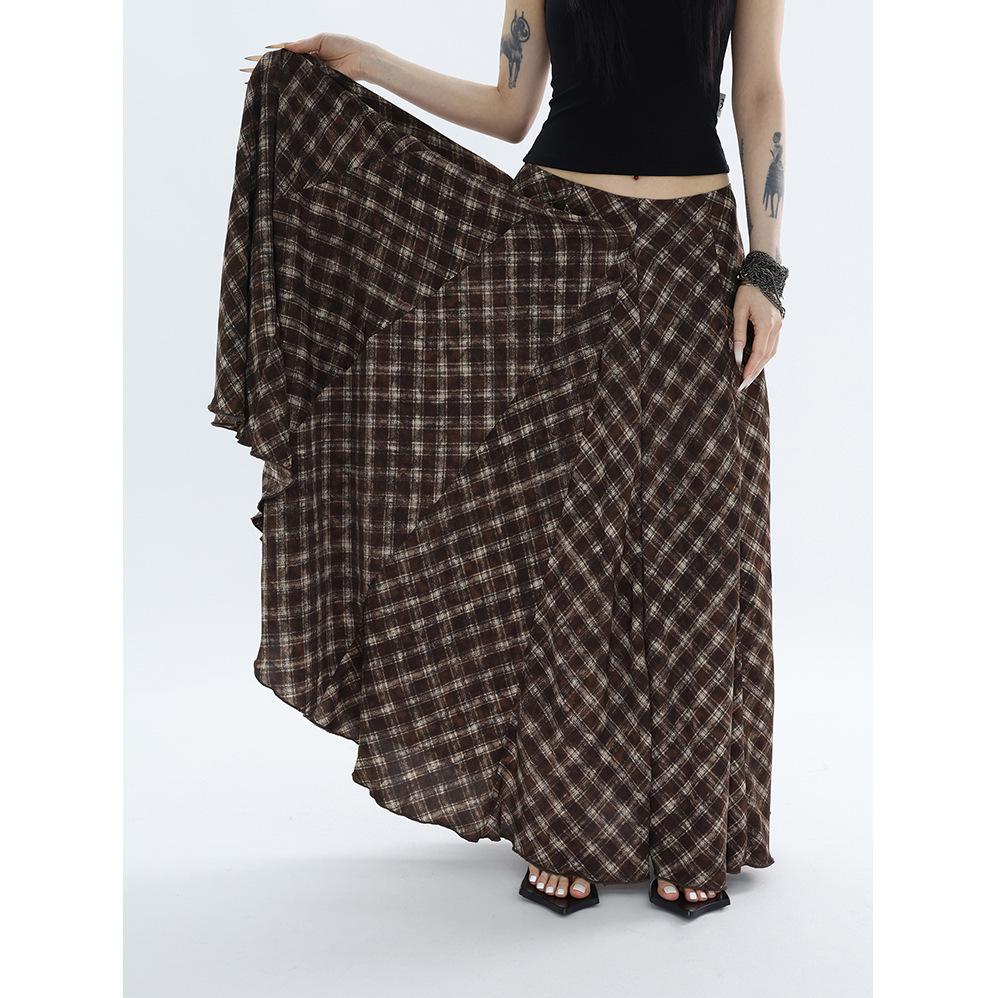 Korean Style Retro Plaid Long Swing Skirt - Women's High Waist, Lightweight, Drapey Midi Skirt
