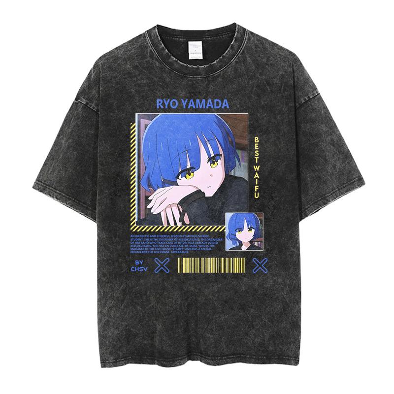 Men T-Shirt Bocchi The Rock Manga Ryo Top Print Vintage T-Shirt Basis O-Collar Black Shirt Short Sleeve Washed T-Shirt