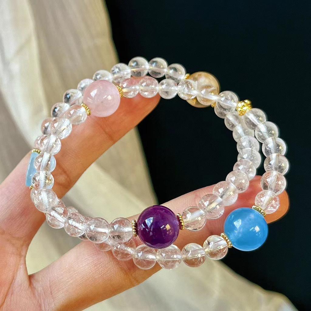 Vintage Natural White Crystal, Rose Quartz, Amethyst, Multi-Treasure Multi-Circle Beaded Bracelet, Niche High-End Bracelet Woman