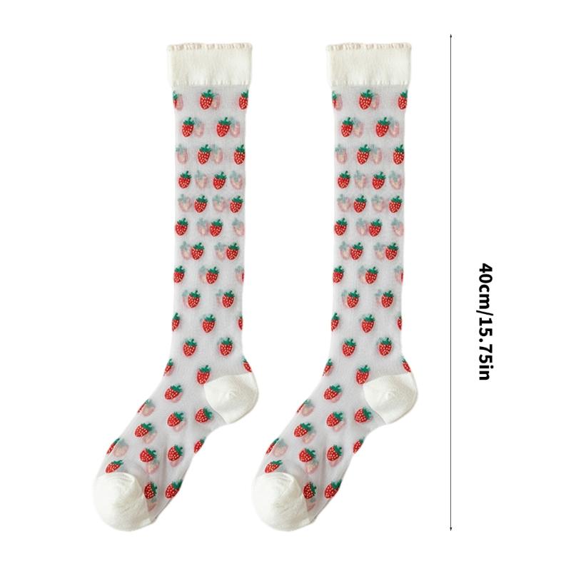 Crystal Glass Silk See Through Long Socks for Women Elegant Sweet Strawberry Pattern Ultrathin Knee Highs Stockings