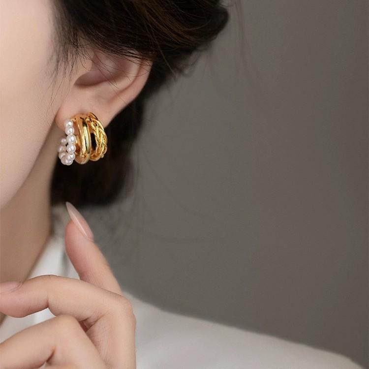 Orecchini Cerchio Metallico Avvolto Industria Pesante Forma a C Semplici ed Eleganti Fibbie per Orecchie Semicircolari a Tre Strati Orecchini a Bottone Esagerati