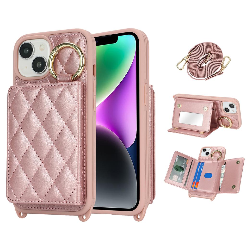 For iPhone 14/13 Case with Lanyard/Mirror/Card Holder Grids Pattern RFID Blocking Phone Cover