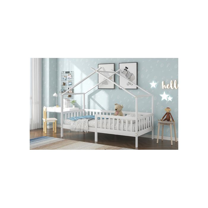Lit enfant - MUVOE - Bois massif - 200x90 cm - Blanc - Garde-corps inclus