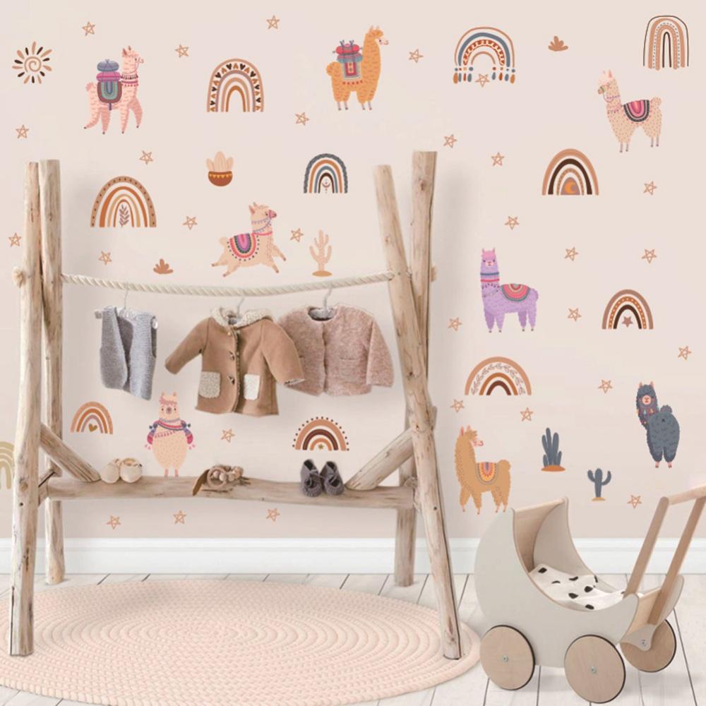 Wall Sticker Retro Small Flower Wall Decals Rainbow Alpaca Sticker