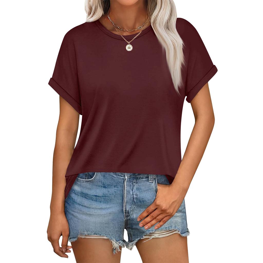 Women's Casual Fashion Round Neck Rolled Hem Short Sleeve Floral Top