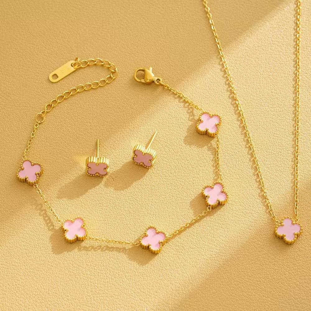 Titanium Steel 9mm Small Four-leaf Clover Bracelet Necklace and Earring Set Colorfast Luxury Jewelry