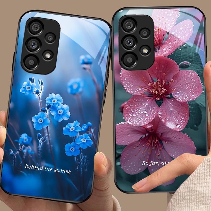 Blue Flower Element For Samsung Galaxy S10 S20 Plus S21 FE S22 S23 S24 FE S25 Ultra Black Tempered Glass Phone Case Hard Shell