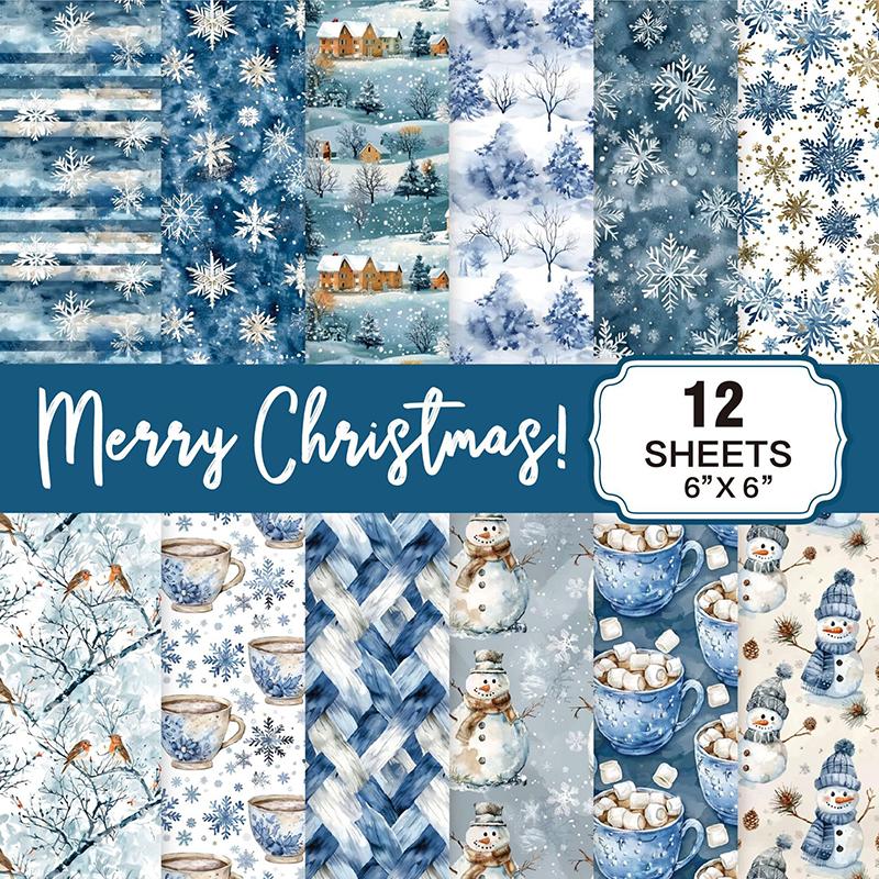 

12 Sheets Christmas Scrapbook Paper Pad 6x6 - Glitter Snowflake 160gsm Acid-Free Cardstock
