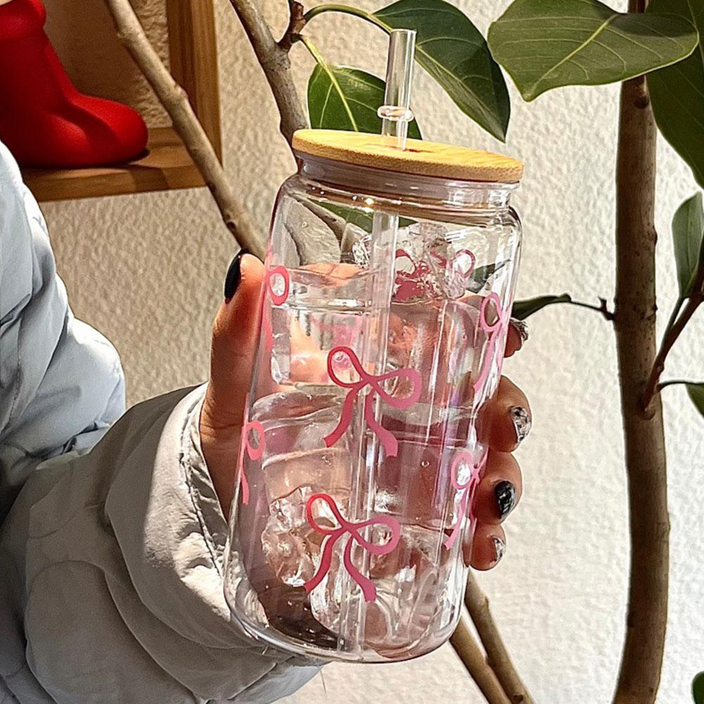 500ml/16oz Transparent Glass Tumbler Pink Bow Flower Sticker Drink Juice Cup Suitable For Hot And Cold Drinks In Summer