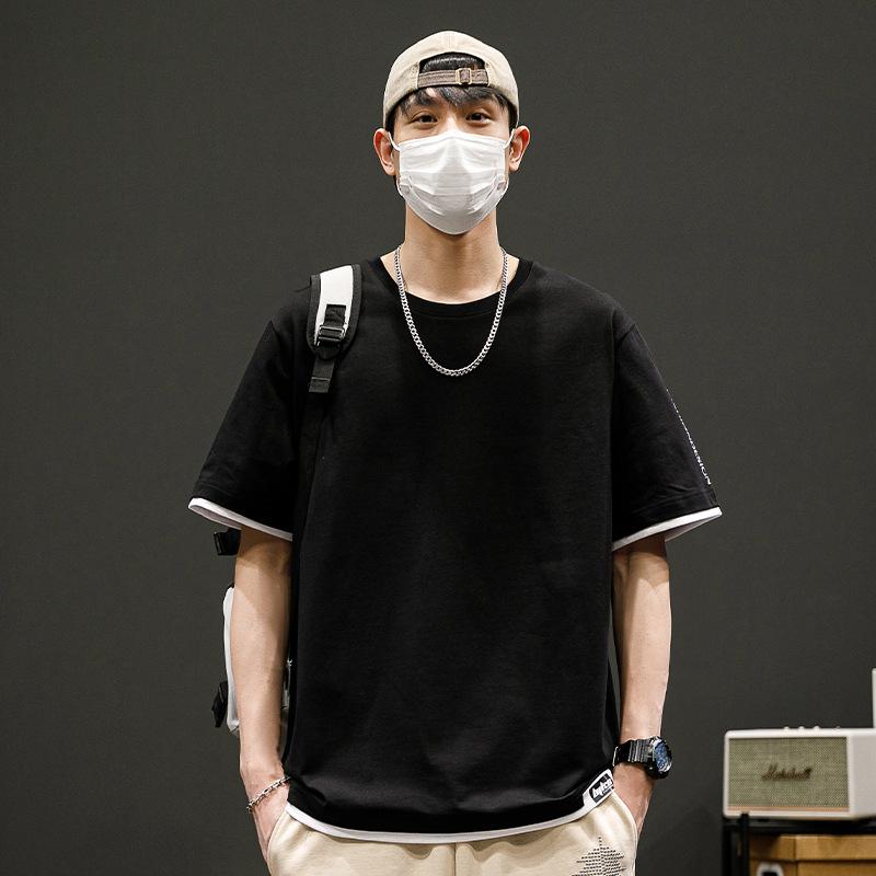 Men Fake Two Piece Contrast Trim Short Sleeve T Shirt Casual Loose Fit Summer Top