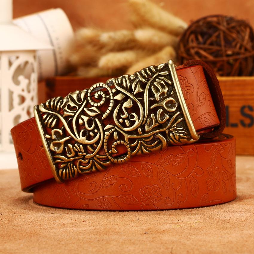 Women'S Engraved Hollow Smooth Buckle Printed Cowhide Belt Wide Waist Seal Jeans With Moisture