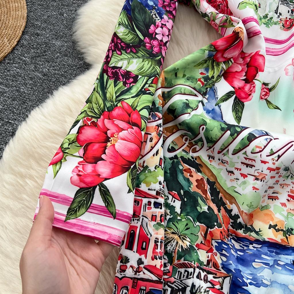 Spring Autumn Women Designer Vintage Print Runway Dresses O-neck Long Midi Office Party Slim Pencil Dress