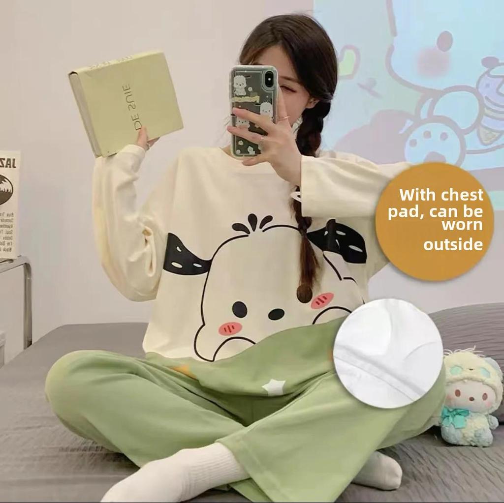 Dámský jarní/podzimní kreslený pyžamový set s vycpávkami na prsou, dlouhými rukávy a kalhotami - Volný, pohodlný a vhodný pro venkovní nošení