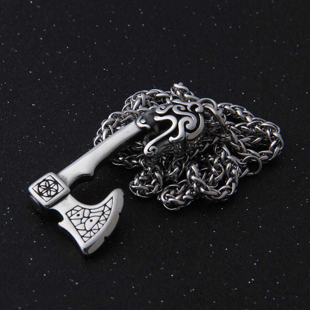 Wolves Head & Big Viking Axe Stainless Steel Pendent with Cord Leather Necklace,Viking Necklace, Norse Necklace, Norse Jewelry Axe Necklace