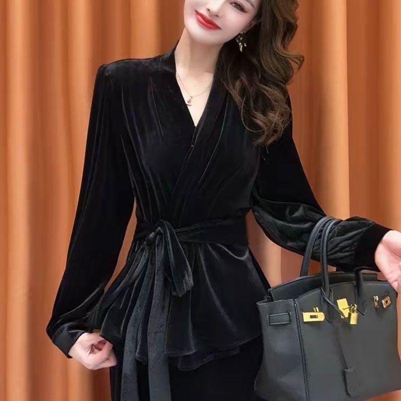 Pure Desire Women's French Style Velvet Tie-Up Long Sleeve Top - Slimming and Flattering for Autumn/Winter