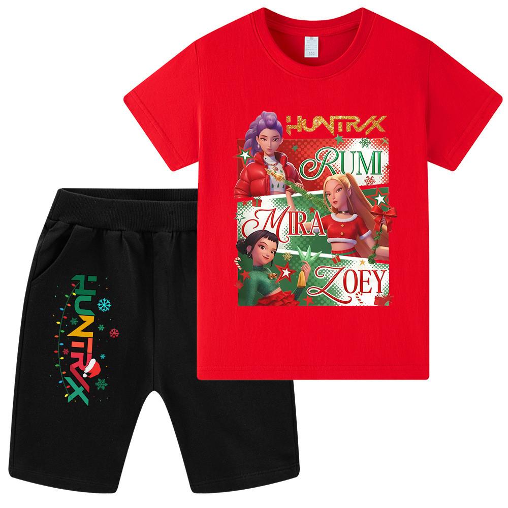 WA1264 Kids Boys Girls Kpop Rumi Zoey Mira Christmas Print Short Sleeves T-shirt Shorts Pants Sets