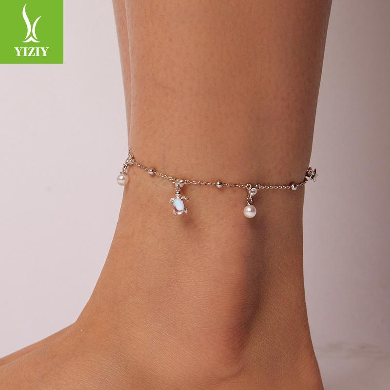 S925 Sterling Silver Turtle Anklet, Popular Moonstone Summer Anklet Jewelry