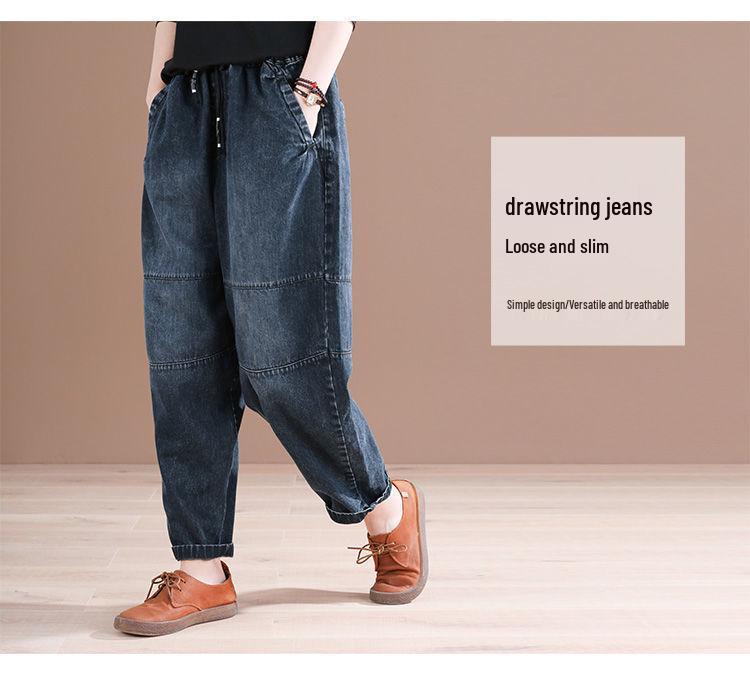 Women's White Distressed Elastic High-Waist Plus-Size Loose Fit Jeans