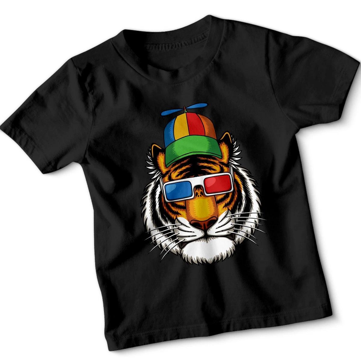 

Tiger Funny Animals Kids T-Shirt Propeller Hat 3D Glasses Graphic Tee 160