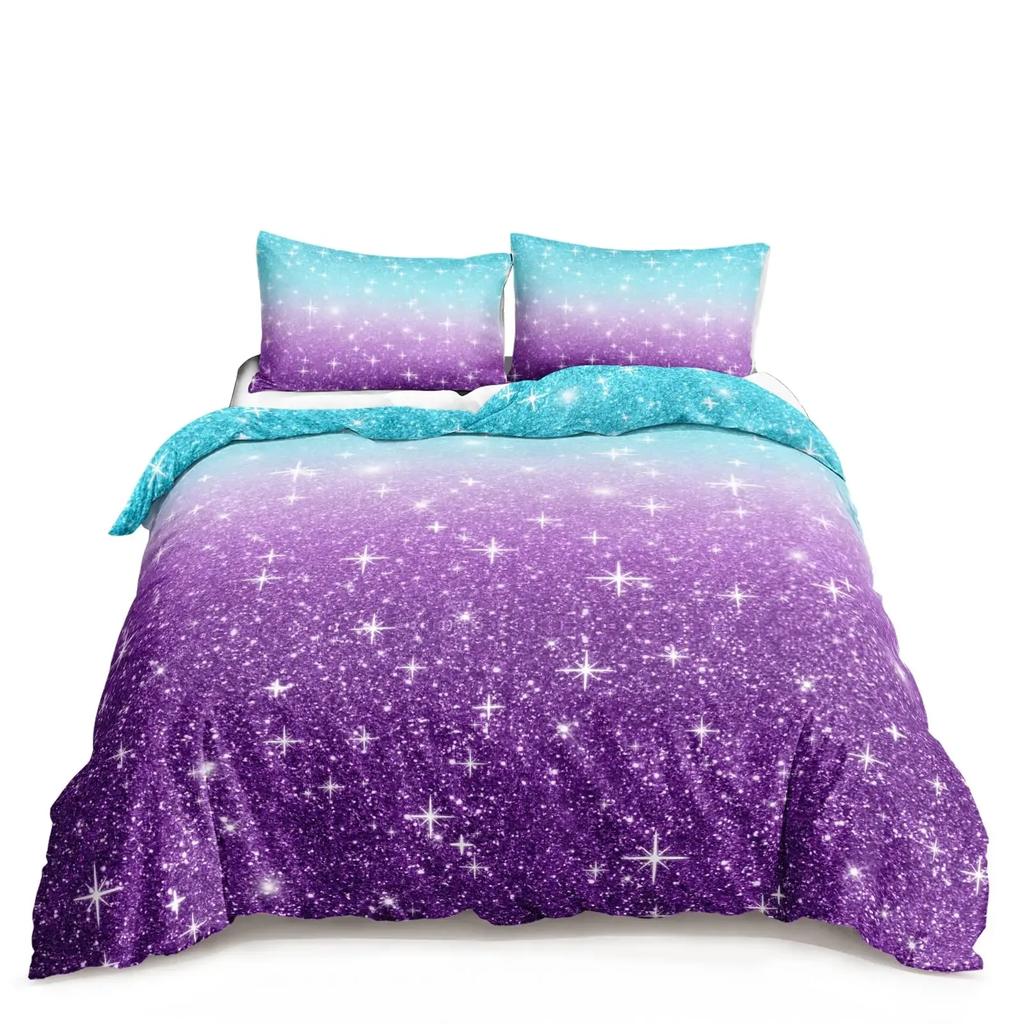 Kawaii Moon Starry Night Sky Duvet Cover Set Blue Pink Purple Star Galaxy Bedding Sets Full Size for Boys Girls Comforter Cover