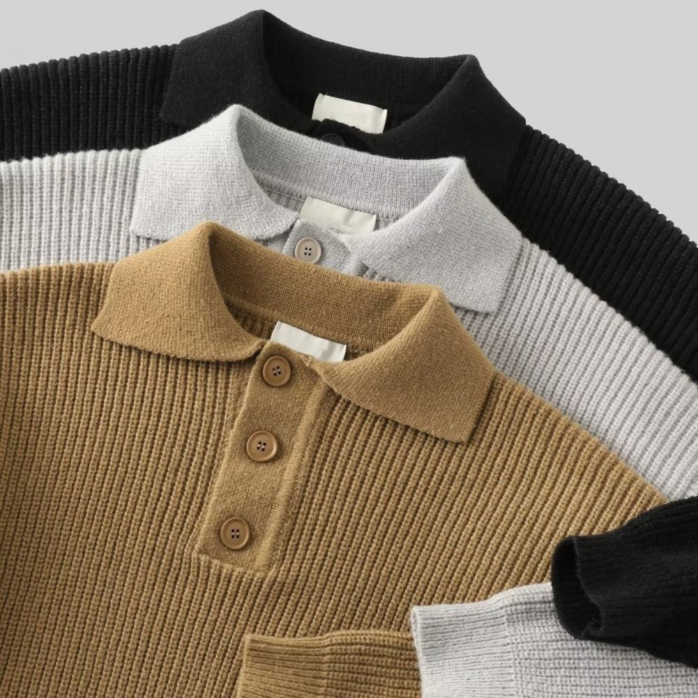 Jesień Zima Męski Sweter Zapinany Kołnierzyk Wykładany Długi Rękaw Top Retro Dzianinowy Gruby Ciepły Jednolity Kolor Pulower Rozciągliwy Do Noszenia na Co Dzień