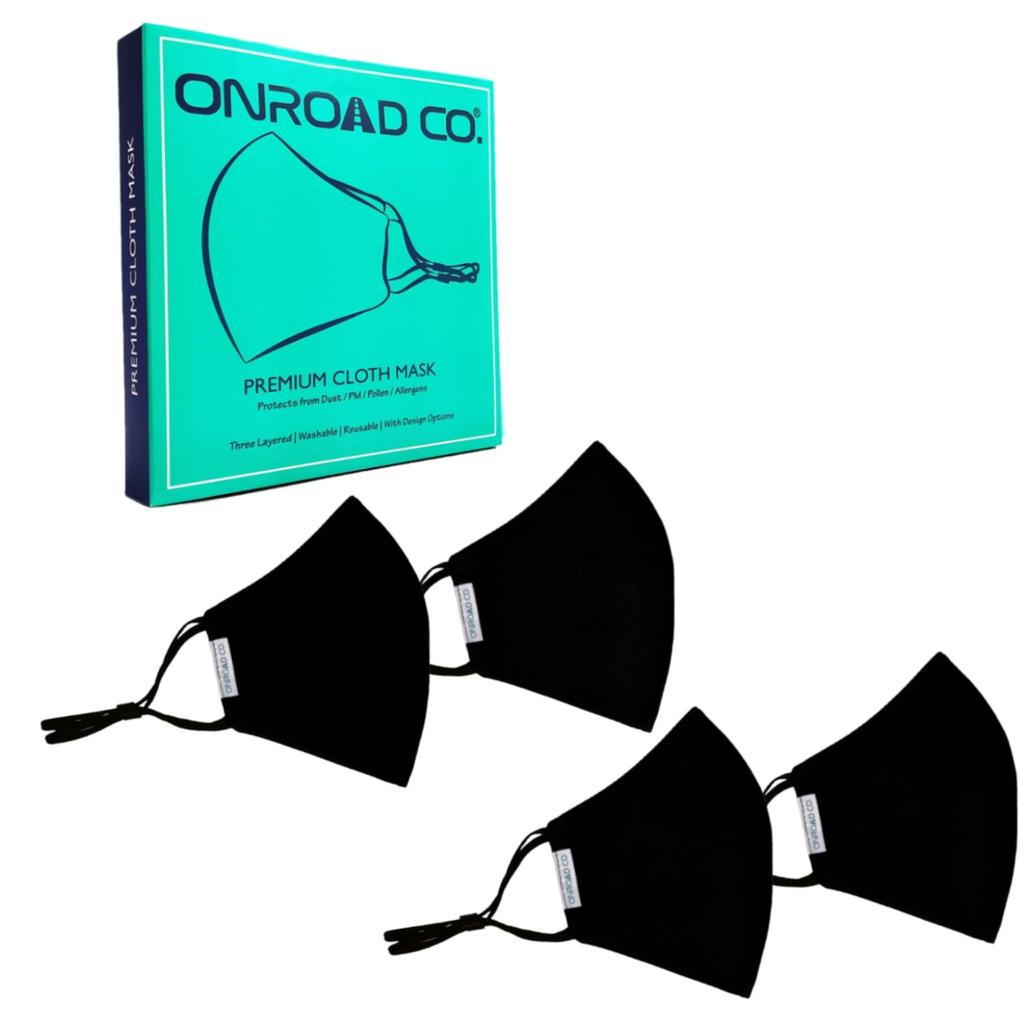 Onroad Co. Cotton Reusable and Washable 3 Layered Cloth Mask (Charcoal Black - Pack of 4, Medium (Ideal for 35-60 Kg Weight Range)) for Unisex