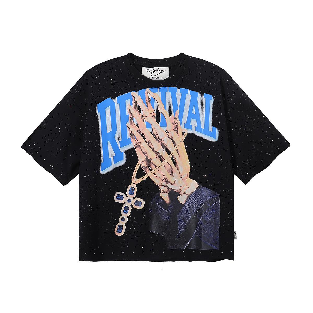 2026 Summer Men s Oversize T-Shirt, Skeleton Praying Hands Cross Print Gothic Dark Street Short Sleeve Tee With Revival Letter S чёрный