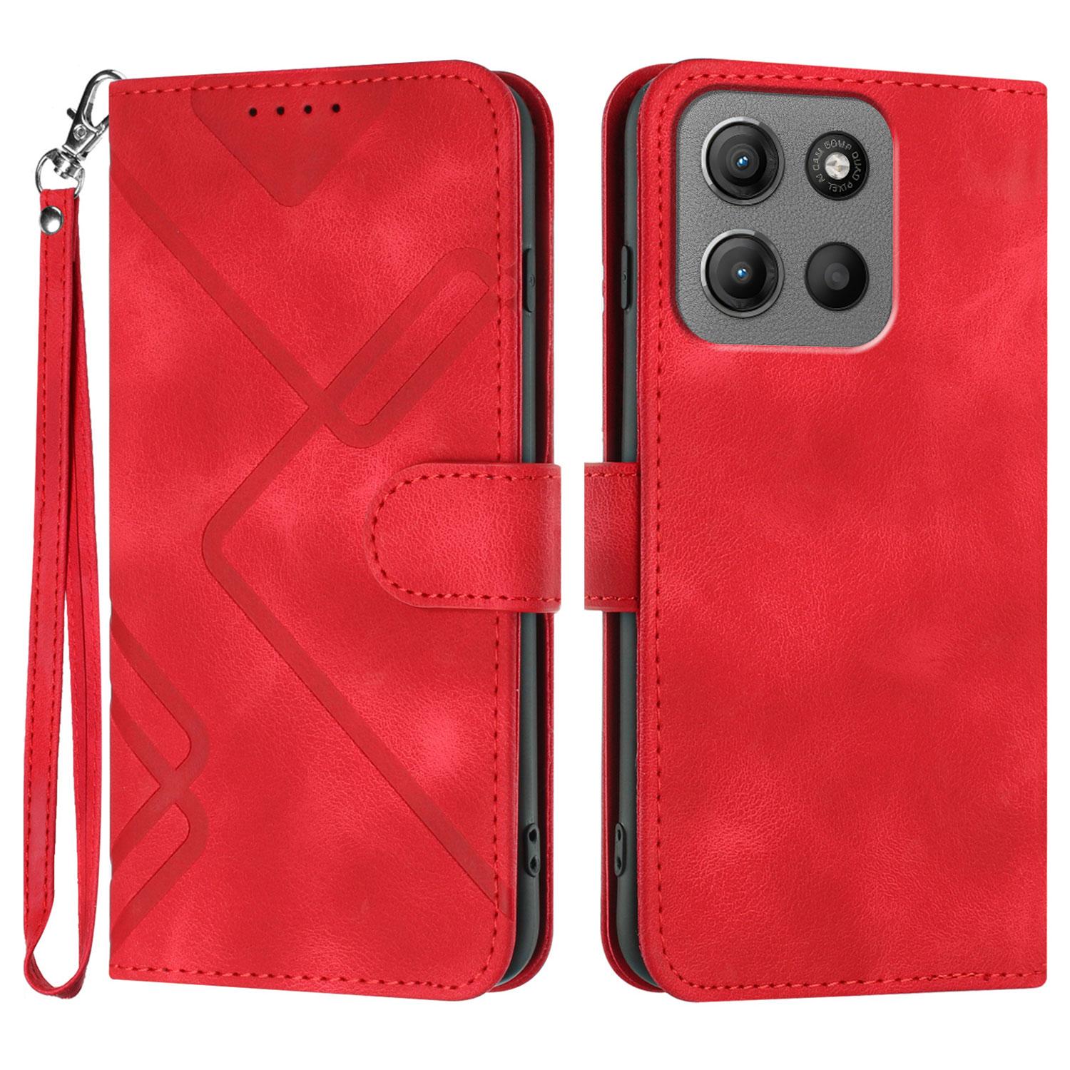 

For Motorola Moto G15 Power 4G/Motorola Moto G15 4G Wallet Case Line Imprinted PU Leather Phone Cover with Strap Red