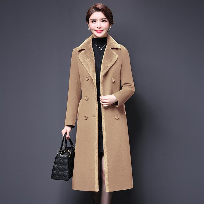 Abrigo de Mezclas de Lana para Mujer Invierno Moda Engrosado Cuello de Cachemir Chaqueta Larga Cálida Ajustada Abrigo Exterior Femenino Tallas Grandes M-5XL