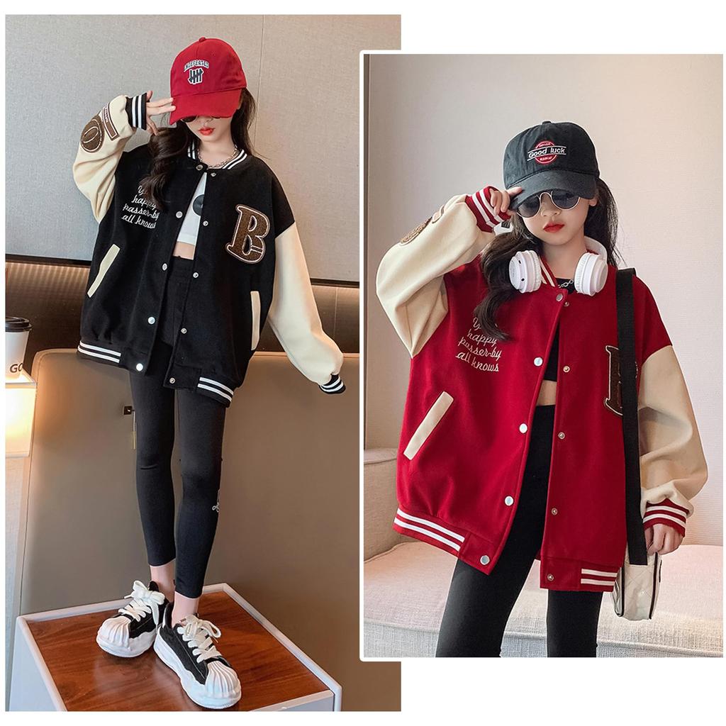 YY-Natuhi Girls Varsity Jacket, Letter Patch, Long Sleeve Bomber, 1 Black, Size 130